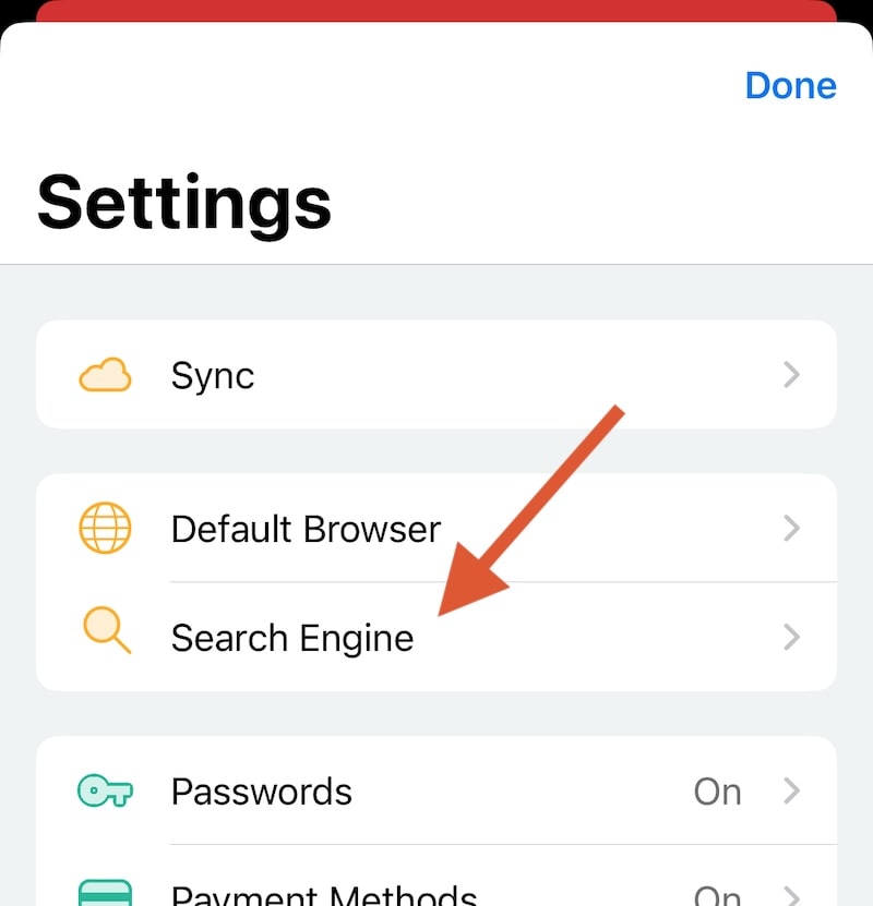 Vivaldi iOS search engine select